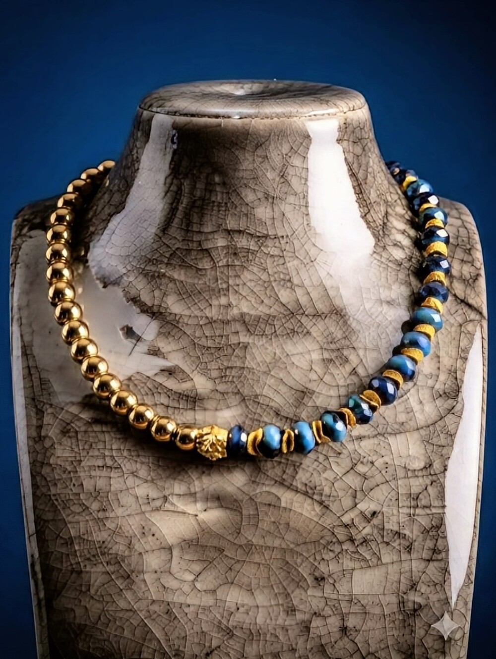 Egyptian Inspired Deep Turquoise Blue & Gold Balls Assymetrical Choker Necklace